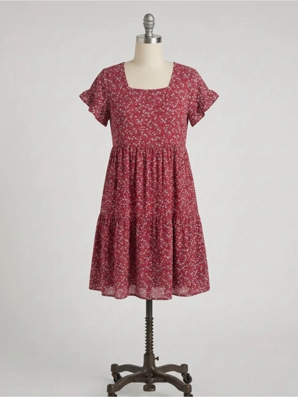 Red Floral Short Sleeve Babydoll Dress